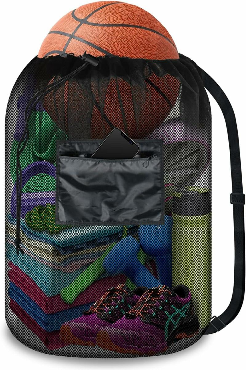 Bolsas de Equipamento | Saco de Cordão Brotou – Saco de Malha Resistente para Academia com Bolso – Bolsa de Equipamentos Esportivos para Natação, Yoga, Praia e Lavagem. Bolsas de Equipamento Bolsas de Equipamento