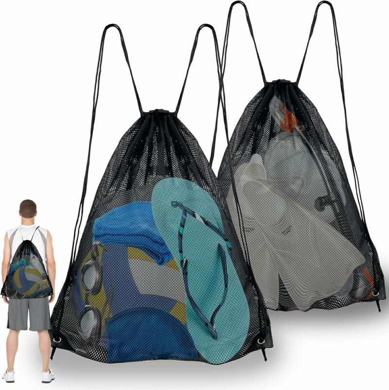 Bolsas de Equipamento | Saco de Rede Grande para Natação com Cordão – Pacote com 2 Unidades – 18X24”, Mochila de Praia e Academia, Saco de Rede para Equipamentos de Natação e Forrageamento Bolsas de Equipamento Bolsas de Equipamento