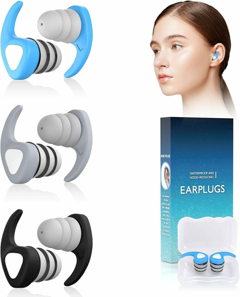 Protetores auriculares | Protetores Auriculares para Natação, 3 Pares de Protetores Auriculares de Silicone Reutilizáveis e Impermeáveis para Nadadores, Piscina, Banho, Surf e Caiaque (Adultos e Adolescentes a partir de 14 anos) Protetores auriculares Azul Cinza Preto