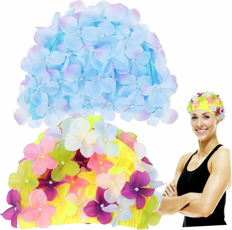 Toucas de Natação | 2 Pçs Touca de Natação Chapéus de Piscina Acessórios de Natação Adulto Moda Retrô para Banho Toucas Estilosas Touca de Natação para Nadadores Nylon com Estampa de Flores Toucas de Natação Como mostrado