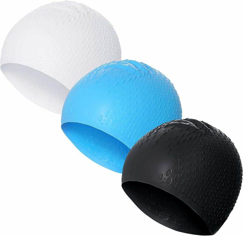 Toucas de Natação | 3 Pçs Touca de Natação de Silicone para Homens, Touca de Natação Grande, Touca de Natação para Adultos para Cabelos Longos e Curtos, Toucas de Piscina, Toucas de Banho, Toucas de Natação para Natação, Toucas de Chuveiro Impermeáveis que Mantêm o Cabelo Seco Toucas de Natação branco, preto, azul