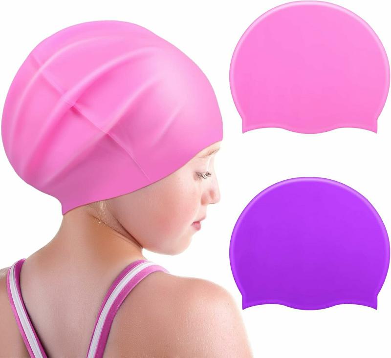 Toucas de Natação | Conjunto com 2 Toucas de Natação Grandes para Crianças com Cabelos Longos – Touca de Silicone Impermeável para Tranças Longas, Dreadlocks e Cabelos Cacheados e Volumosos para Meninas e Meninos de 4 a 8 Anos. Toucas de Natação Rosa, Roxo