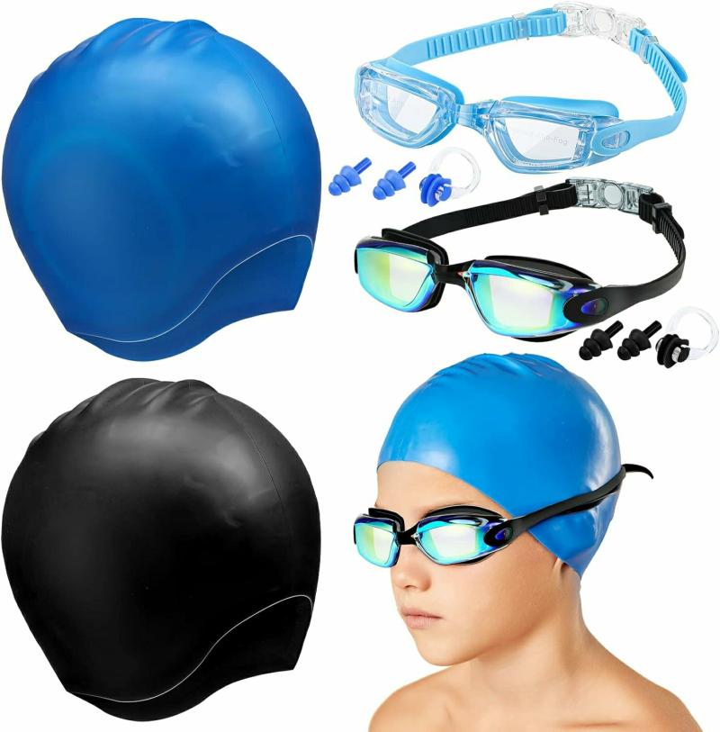 Toucas de Natação | Conjunto com 4 Toucas de Natação para Crianças – Touca de Natação e Óculos para Meninos e Meninas – Toucas de Silicone para Banho com Protetores de Ouvido e Clipe de Nariz para Cabelos Curtos e Longos – Idade 8-15 Anos – Jovens Toucas de Natação Preto Azul