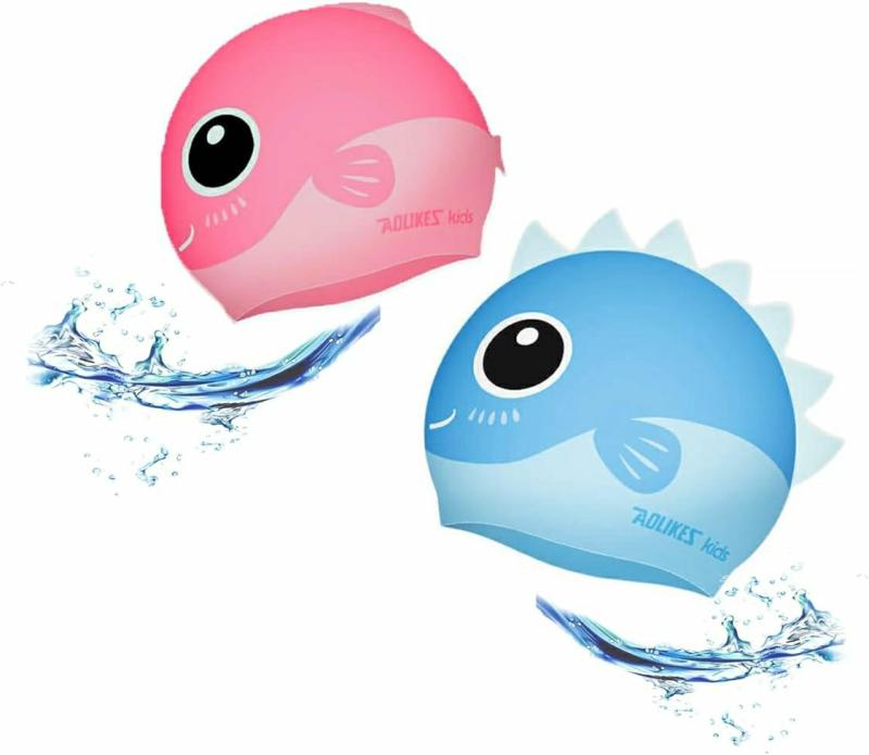 Toucas de Natação | Touca de Natação Infantil em Silicone com Cabeça de Animal – Touca Divertida em Estampa de Cartoon – Tubarão Azul e Peixe Rosa – Impermeável para Cabelos Longos e Curtos de Meninos e Meninas Toucas de Natação Rosa